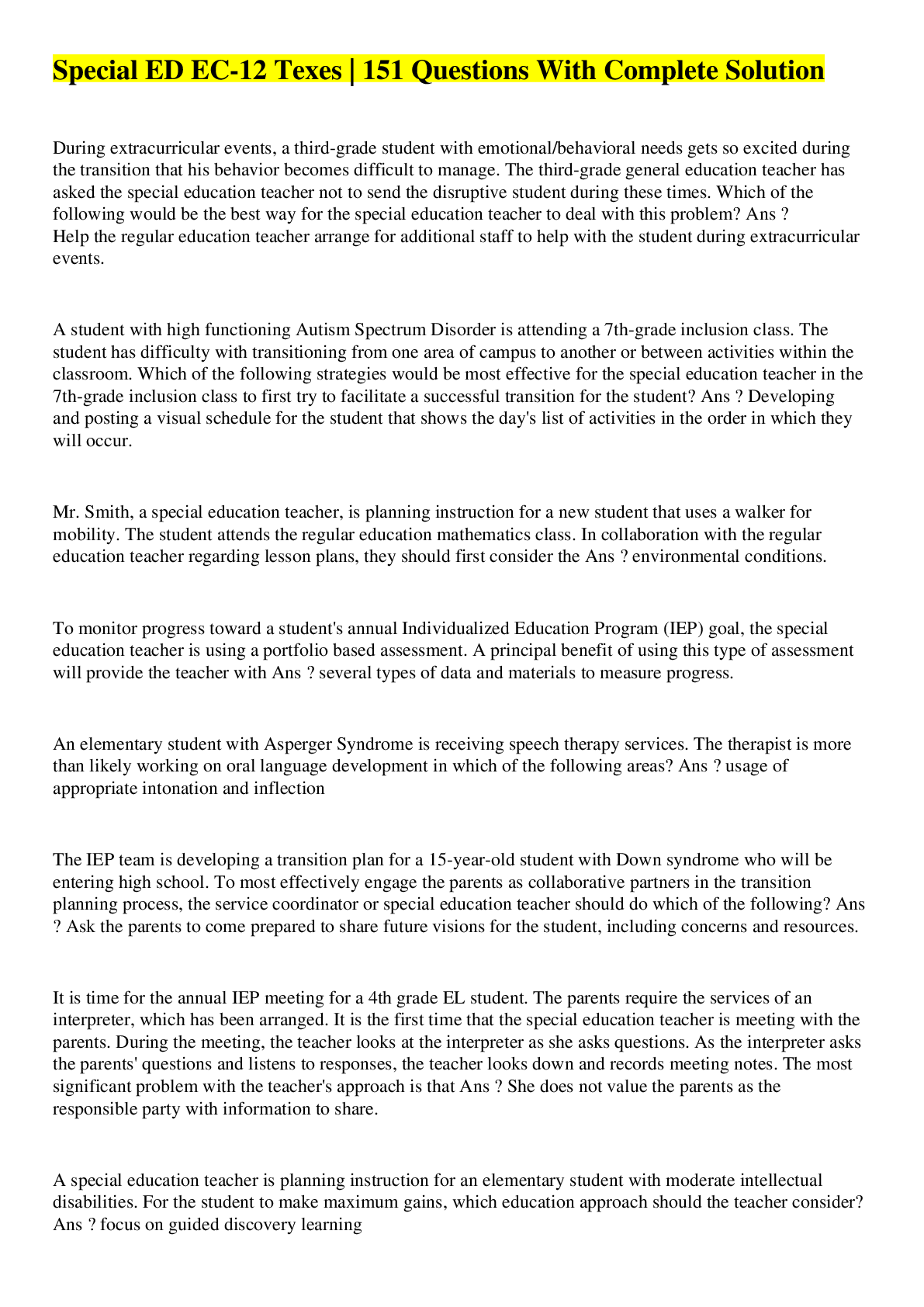 Preview image of Special ED EC-12 Texes | 151 Questions With Complete Solution document